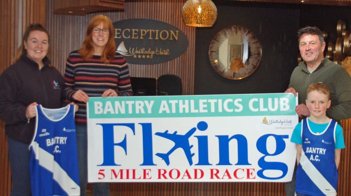 At the launch of Bantry Athletic Club's inaugural Flying 5 Mile Road Race, and showing off their new singlets, both sponsored by the Westlodge Hotel, were Sophie Daly (Westlodge Hotel), Eithne Maddock (PRO, Bantry AC), Tony McElhinney (chairperson, Bantry AC) and Dáithí Maddock.