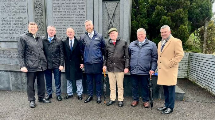At Sunday’s Crossbarry commemoration were (from left): Aindrias Moynihan TD, Billy Kelleher,  Ray O’Mahony, Christopher O’Sullivan TD, Christy O’Sullivan, Patrick O’Sullivan and Padraig O’Reilly. Over 200 people gathered to commemorate the 103rd anniversary of the Crossbarry Ambush. The oration at the event was given by Christopher O’Sullivan TD.