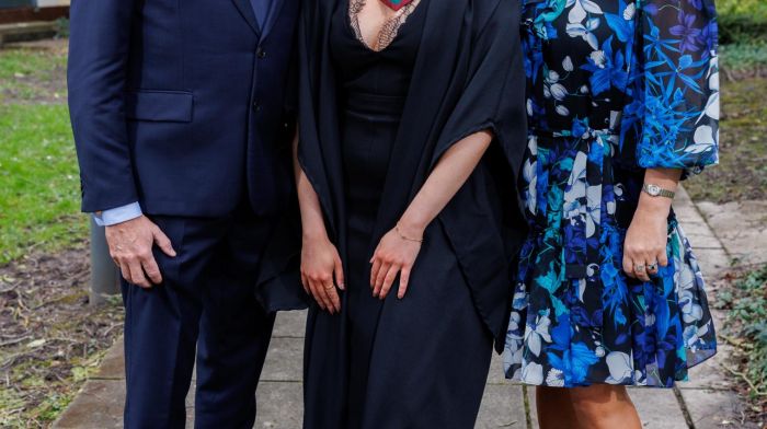 Emer Whelehan, Innishannon with her parents Frankie and Josephine at Emer’s graduation from the Shannon College of Hotel Management. All 95 students are currently employed in the hospitality sector worldwide maintaining the college’s 100% employment record which has stood since its founding in 1951. The graduates were celebrated at the college and then enjoyed a gala ball in Dromond Castle where scholarships and prizes valued in excess of €30,000 were awarded. (Photo: Arthur Ellis)