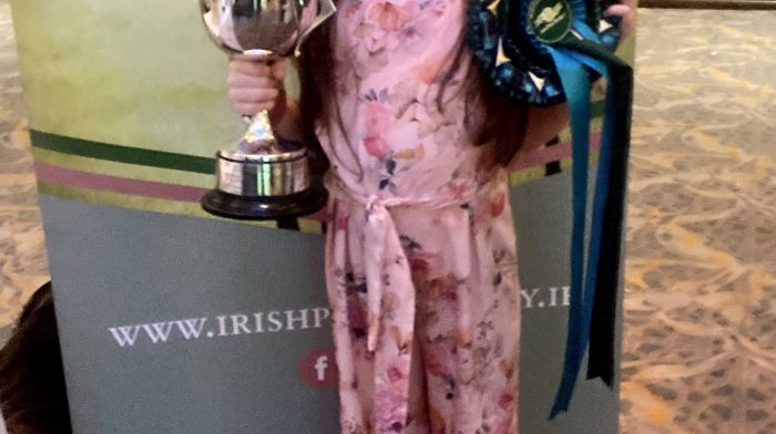 Barryroe’s Stephanie Fleming and her pony Whiteleaze Secret Temptation were the winners of the national mini pony of the year award at the Irish Pony Society’s national awards night that took place last Saturday at the Mullingar Park Hotel.