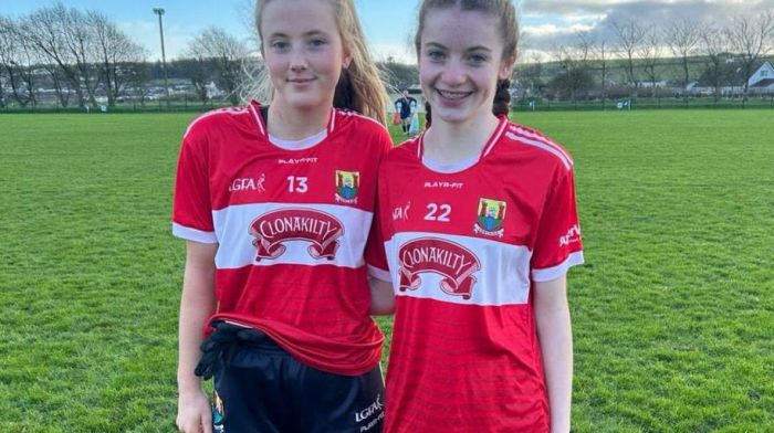 Saorla Carey and Carla O’Regan, U16 Ilen Rovers members, after their performance with the Cork LGFA squad at their away game in Kerry.