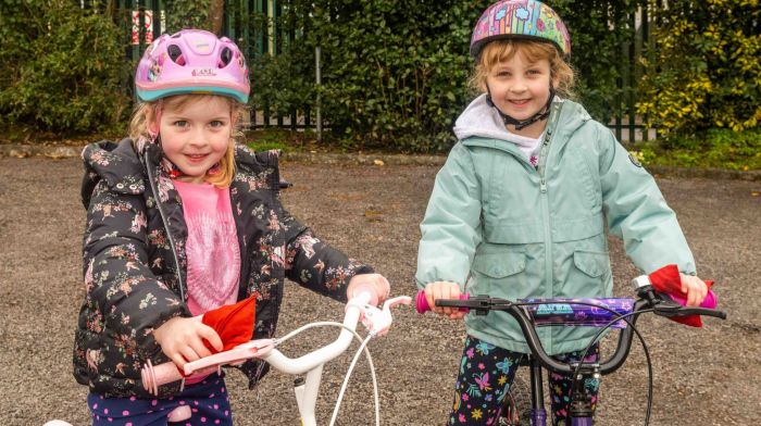 Dunmwany, West Cork, Ireland. 4th Apr, 2024. Dunmanway Family Resource Centre organised a kids cycling camp this week, for children ranging from 3 -13 years old. The children played lots of cycling games with the focus on cycling proficiency and having fun. Enjoying the camp were sisters 5 yr old Ellie O'Mahony and 6 yr old Beth O'Mahony, both from Ballineen. Picture: Andy Gibson.