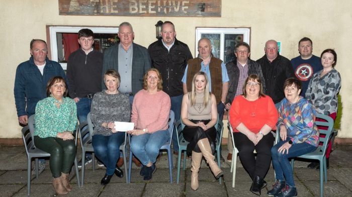 Miriam Cuinnea, on behalf of Connonagh Cheval, presented a cheque for €1,827 to Christine Cowap for the Leap and Glandore community playschool. Back (from left):  John Daly, Cormac Cunnea, Patrick O’Sullivan, John Helen, Peter Daly, Tony O’Mahony, Finbarr Grace, Chris Murphy and Fiona Murphy. Front (from left): Norma Daly, Miriam Cunnea, Christine Cowap, Louise Williamson, Kathleen O’Mahony and Abina Long.