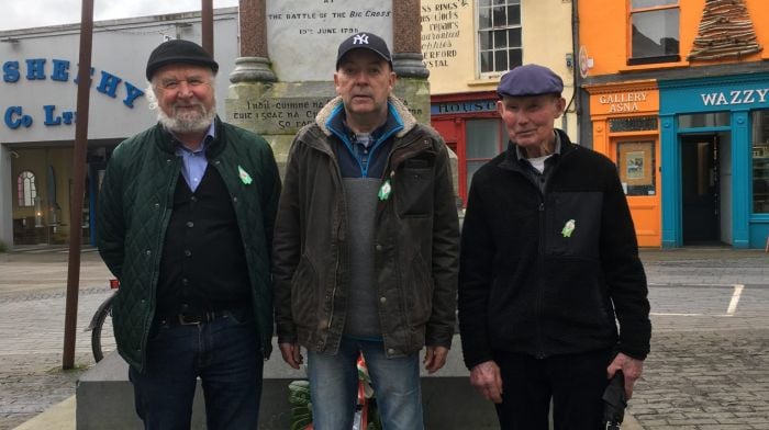 At the recent Easter 1916 commemoration in Clonakilty were (from left): Séamus deBúrca and Michael O’Donovan, founders of the Clonakilty Easter Commemoration Committee who started the commemoration in 1981, and Jerry Daly who has attended nearly every one of the events over the last 43 years.