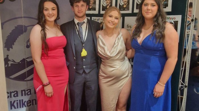 Clonakilty Macra members Olive Lenihan, Sarah Murphy and Aiesha Hurley supporting Conor O'Mahony (second from left) who represented both Carbery region and Clonakilty Macra at the Mr Personality Festival in Clonmel last weekend.