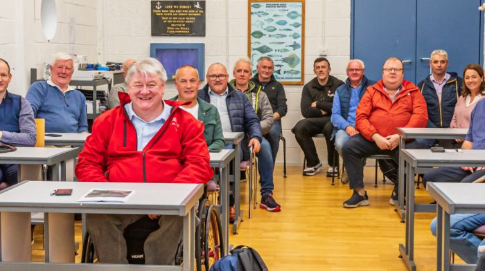 A public meeting was hosted by Beara Tourism in Castletownbere regarding the recent announcement that no further public drinking water can be extracted from the Glenbeg lake. Front row: Michael Collins TD, Cllr Patrick Gerard Murphy and Isobel Towse (rep for Holly Cairns TD). Second row: Chris Downey and John O'Sullivan. Third row: Donal Kelly, Colman O’Sullivan and Danny Crowley. Fourth row: Marc O’Sullivan, Noel Ford, Cllr Danny Collins and Cllr Caroline Cronin. Fifth row: Mark Galleher, Pat Murphy and Cllr Tom Lombard. Back row: Miah O’Sullivan and Paul Harrington.  See the full story on page 5.  (Photo: Anne Marie Cronin)