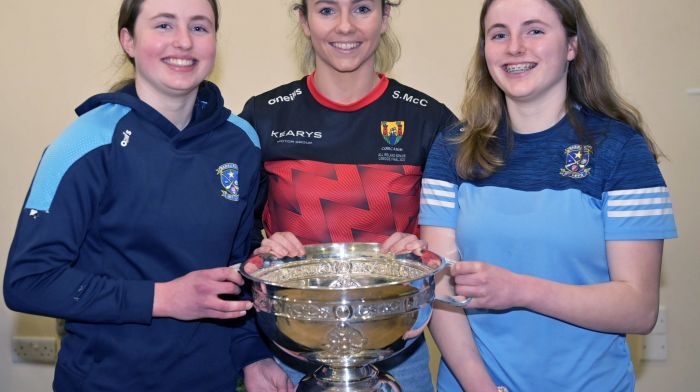 The McCarthy sisters Aibhlin (left) and Clodagh (right) with Cork camogie star Saoirse McCarthy, who presented medals to the Barryroe U13 and U14 camogie teams at a recent function at the Courtmacsherry Community Centre. (Photo: Martin Walsh)