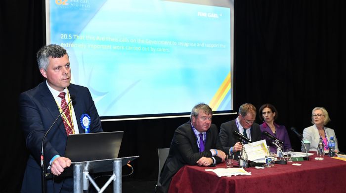 Timoleague’s John Michael Foley addressing the recent Ard Fheis. From left: John Michael Foley, Senator Martin Conway, Colm Burke TD, Hildegarde Naughton TD and Regina Doherty TD.