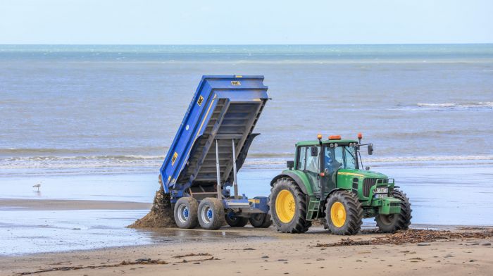 Council workers returning sand to the beach that had been carried onto a nearby road during the recent Storm Kathleen at Garrylucas Beach.  (Photo: David Creedon)