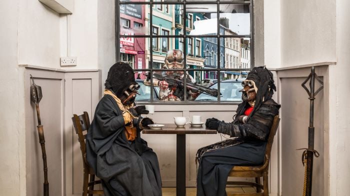 Tusken Raiders taking afternoon tea in Marabelle’s Cafe in Dunmanway to discuss the forthcoming Feel the Force festival that will take place over the June bank holiday in Dunmanway. See page 3 for the full story.    (Photo: David Creedon)