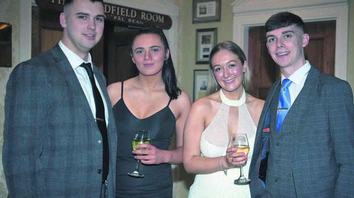 At the Ibane Ladies LGFA celebrations in Fernhill House Hotel, Clonakilty were Cal James Nyhan, Donegal; Sinead McCarthy, Ballinascarthy; Leah Walsh, Ardfield and James Lynam, Ballinascarthy. (Photo: Martin Walsh)