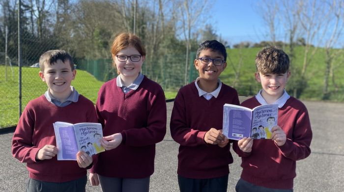 Muhammad is supported by his fellow fifth class pupils at Dromore National School. From left: Fionn Moore, Niamh Wilcox, Muhammad Asad Waseem and Shea Crowley.