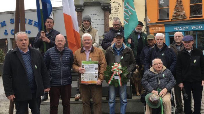 Some of the attendees and participants in the 1916 commemoration on Easter Sunday at Asna Square were (front, from left): Donnchadha Ó Séaghdha, guest speaker; Cionnaith Ó Súilleabháin, cathaoirleach; Connie Kelleher, who read the proclamation; Michael O’Donovan, who laid the wreath; Michael Russell, Tommy Russell and Jerry Daly, honorary president Clonakilty Sinn Féin Cumann.  Back row, flag bearers Michael McCarthy, John O'Donovan and Dave Reddin with Séamus deBúrca, Ray Crowley and Noel O’Brien.