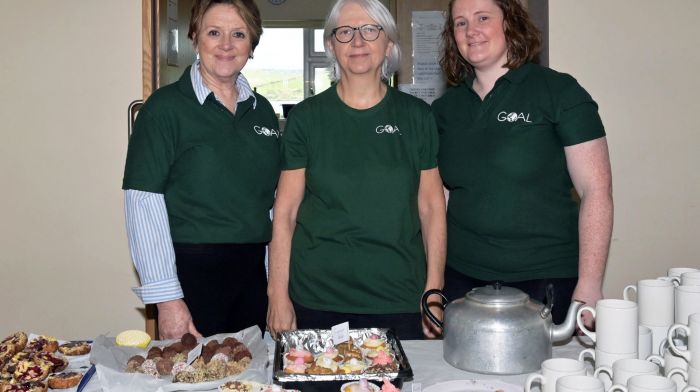 Michele O’Dwyer, Marie Hallissey (global health advisor, Goal) and Claire O’Dwyer at the coffee morning which was held at the Courtmacsherry Community Centre on Easter Monday for in aid of Goal for people of Gaza.   (Photo: Martin Walsh)