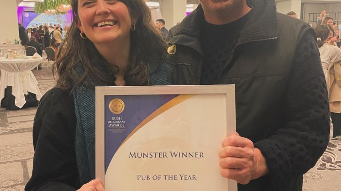 Caroline O’Donnell and Joe O’Leary taking home the Munster pub of the year award for Levis Corner House at the Irish Restaurant Awards which were held last week.