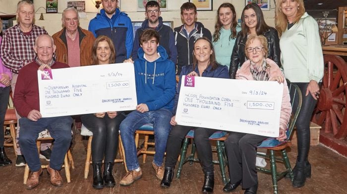 The Ballygurteen tractor run and threshing committee recently presented cheques to the Dunmanway Community Hospital and Cope Foundation Cork.  Back (from left): Vincent Dullea, George Patterson, Mark Tobin, PJ O’Driscoll, Eoin Murray, Kathlyn McCarthy, Jane Beechinor and Kay Keohane.  Front (from left): Bobby Patterson, Cathrine Santry, Cathal McCarthy, Jane Duane and Hannah Keohane.