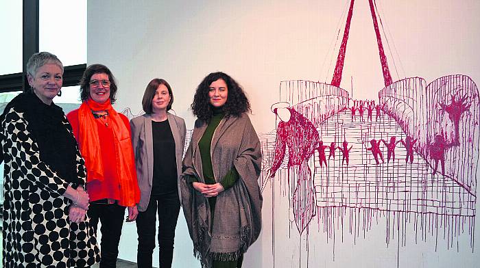 Artist Els Dietvorst, second left at the opening of her exhibition Adrift at Uillinn West Cork Arts Centre, Skibbereen with Ann Davoren, director, Uillinn West Cork Arts Centre and exhibition curators Catherine Bowe and Karla Sánchez Zepeda. (Photo: Anne Minihane)