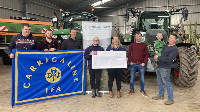 Carrigaline IFA presented a cheque of €4,650 to Embrace Farm which was the proceeds from their dinner dance fundraiser held in the Carrigaline Court Hotel in January.  Included are: Suzanne McCarthy Forbes (secretary, Carrigaline IFA) and Joe Deane (chairperson, Carrigaline IFA) presenting Caroline Redmond (family liaison officer, Embrace Farm) with the cheque along with Jason O'Leary and Eoin Gallagher (Lloyd Forbes Agri employees), Lloyd Forbes and his son Tadhg and David O’Leary.