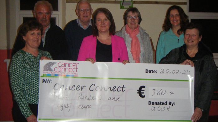 A cheque for €380, the proceeds of a raffle that was held during the December craft fair at Gortalassa Old School House (Gosh), was recently presented to Cancer Connect to help fund their vital service. From left: Carmel O’Sullivan, Curly O’Brien, Brian Devine, Helen O’Driscoll (Cancer Connect), Marion O’Brien, Deirdre Harrington and Carol Baker.