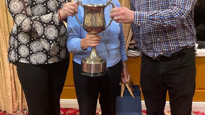 The Clonakilty Bridge Club’s Adams Cup was recently presented by Felicity Black (centre) to the winners Kay and Mike Russell.