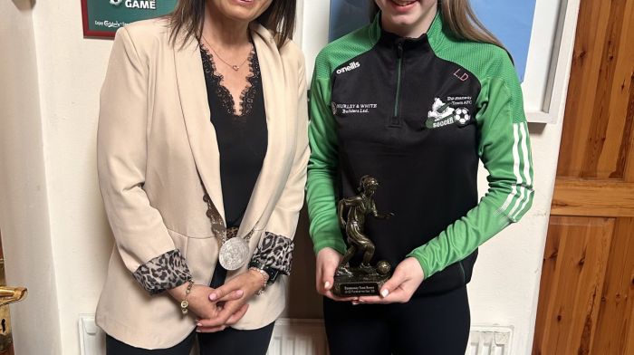 Councillor Deirdre Kelly presented Lily Duggan with her award for player of the season for 2023 for Dunmanway Town Soccer Club’s U12 girls at a special event at the Southern Bar.