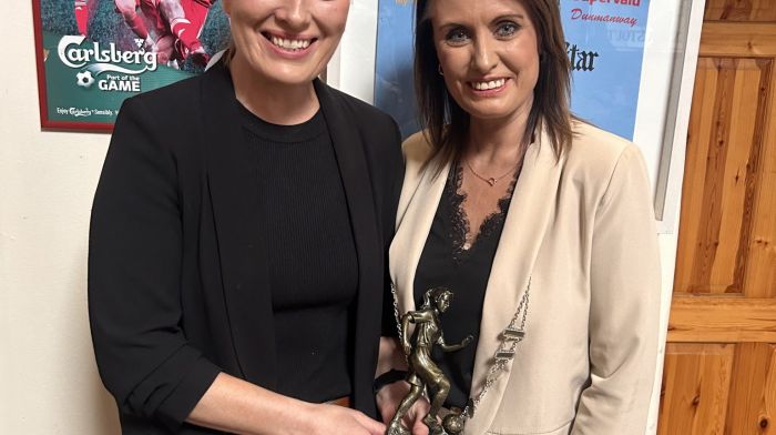 Claire Hurley (left) was presented with the player's player of the year award for Dunmanway Town Soccer Club’s women's team at a prizegiving evening in the Southern Bar last Sunday. The award was presented by Councillor Deirdre Kelly