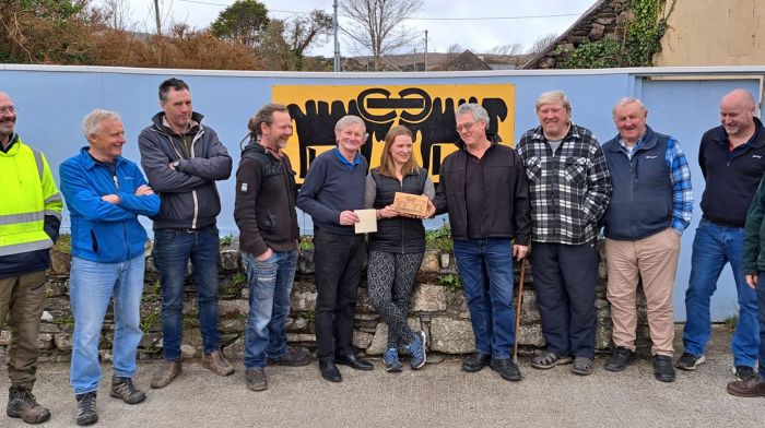 A group of people gathered in Kilcrohane last week to mark the departure of Jennifer Davidson as PRO of the Sheep's Head Way. From left: Victor Daly, John Cotter, John Daly, Mick Copley, Gerard Burke, Jennifer Davidson, Pat O'Driscoll, Cathal Daly, James O'Mahony, Tim O'Sullivan and Shaun Taylor.