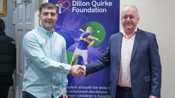 Michael Cahalane and Dan Quirke at the launch of the Dillon Quirke Foundation, a charity in memory of Dan's son Dillon, who collapsed and died during a hurling match at Semple Stadium in August 2022. Michael, from Bandon, spoke about his experience of being diagnosed and treated for a cardiac condition in 2014.  (Photo: Barry Cronin)