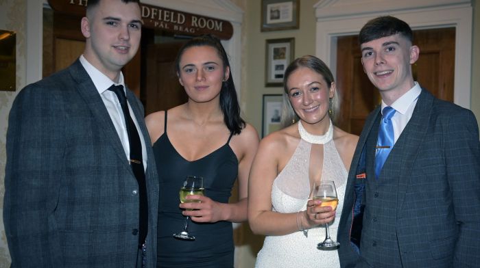 At the Ibane Ladies LGFA celebrations in Fernhill House Hotel, Clonakilty were Cal James Nyhan, Donegal; Sinead McCarthy, Ballinascarthy; Leah Walsh, Ardfield and James Lynam, Ballinascarthy.  Left: Ciara Deasy, Timoleague (left) and Leah O'Sullivan, Courtmacsherr. (Photos: Martin Walsh)