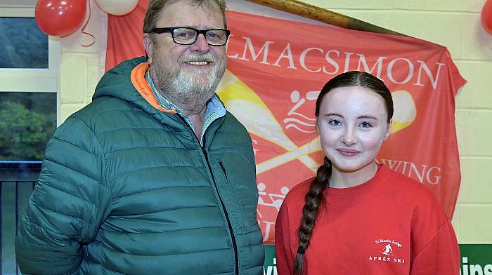 Aoife Curtin, a second year student of St Brogan’s College, Bandon with local election candidate John Collins at the Kilmacsimon Rowing Club’s launch of hosting the 2024 Irish Coastal Rowing Championships.  Aoife is undertaking a Classroom Based Assessment (CBA) on Mr Collins.  (Photo: Martin Walsh)