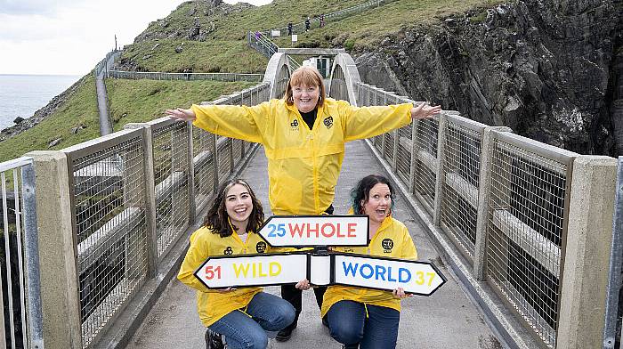 Laureate na nÓg Patricia Forde’s Whole Wild World bus tour on its Mizen Head stop during its 1,400km journey which saw them travel from Malin Head to Mizen with 40 stops all along the way where children took part in events with the authors and artists. (Photo: Julien Behal)