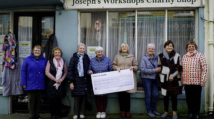 Clare Ryan (fourth from left) of The Joseph’s Workshops Charity Shop recently presented a €1,000 cheque to Rose Marie Dempsey, manager of the Clonakilty Special Olympics club. Included are shop volunteers Shelia Jennings, Greta Cooke, Teresa Cullinane, Frances Cowhig, Nuala Finn and Nora McCarthy.