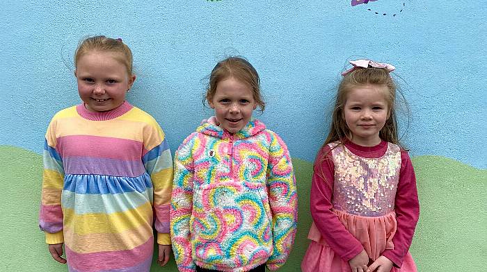 Dromore National School pupils Ellie-Rose Crowley, Amy McCarthy and Isabelle Daly wearing their brightest colours for Rainbow Day, a fundraising event held at the school in aid of Pieta House.