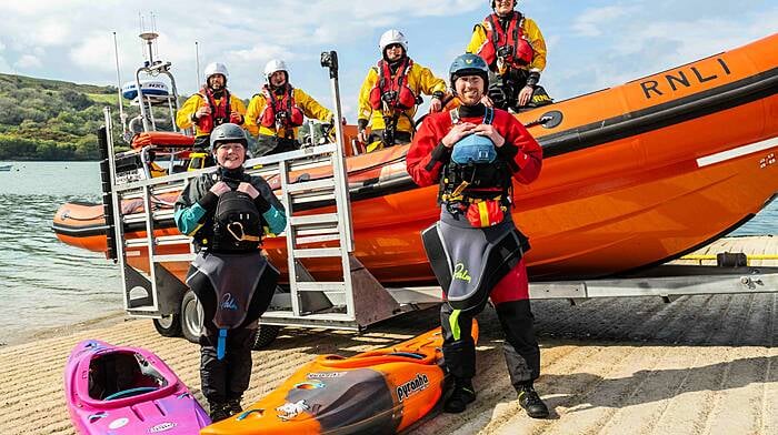 The launch of the Paddle 4 Life charity fundraiser took place in Union Hall last Saturday. Organised by renowned kayaker Anaís O'Donovan, the Paddle 4 Life team plans to raise money by paddling 10,780km for the RNLI, a number which represents 10km for every Irish lifeboat launched in 2021. At the launch are RNLI Lifeboat crew members Hugh McNulty, Cathal Deasy, Aodh O'Donnell and Ríona Casey with kayakers Anais O'Donovan and Simon Champ.   (Photo: Andy Gibson)