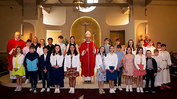 Pupils from Rath National School recently celebrated their Confirmations. Back (from left): Fr Evin O’Brien, Louie Hedger, Maura Collins (teacher), Maggie Hallihane, Kingsley Crosby, Senan Whooley, Grace Fitzgerald, Bishop Fintan Gavin, Charlie Cottrell, Fiachra Garrett, Annie Collins, Fionn Daly, Ian Fitzgerald, Oran Keane (altar servers) and Fr John Heinhold.  Front (from left): Caoimhe Cottrell, Bill O’Driscoll, Paddy Sheehy, Aisling McDermott, Ava McDonagh, Anna Walsh, Emer Crowley, Tadhg Ronan, Molly O’Neill, Alexis O’Regan, James Hurley, Darragh Murphy and Rowan O’Neill (altar servers).      (Photo: Kornel Photography)