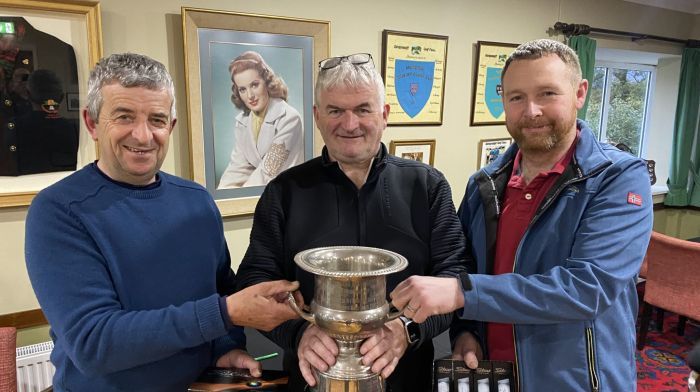 The winners of the Bernard Harrington Cup played at Glengarriff Golf Club were (from left): Joe Holland, Owen Dineen (captain) and David O’Shea.