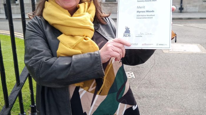 Trish Lavelle, chair of Green Skibbereen CLG, which leases and manages Myross Wood House and its grounds as Cecas (the Centre of Excellence for Climate Action and Sustainability) collected a merit award at the RDS 2024 Native Woodland Conservation Award for Myross Woods at Cecas, Leap.