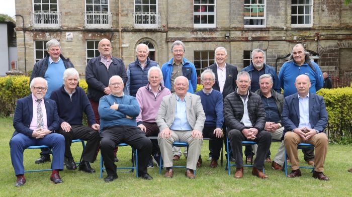 At a 50th anniversary reunion of Hamilton High School’s Leaving Cert class of 1974 were (seated, from left): Barry Connolly, Gerard Lyons, David Murphy, John O’Callaghan, John A Collins, Donal Collins, Denis Coffey, Michael Brennan and Plunkett Taaffe. Back (from left): Timmy Lordan, Michael Crowley, Con Downing, Tim Cummins, Michael Flynn, Martin Keane and Pat Walsh.     (Photo: Donie Hurley)