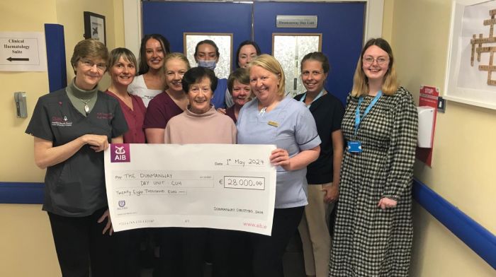 Kathleen O’Farrell, on behalf of the Dunmanway Christmas day swim committee, presented a cheque for €28,000 to members of the team at Dunmanway Day Unit at CUH, the proceeds of the swim which took place on Christmas day 2023.