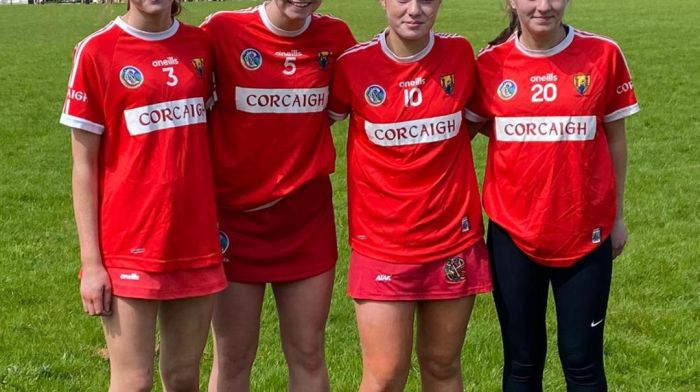 Julie Fleming (centre) alongside teammates who recently played for Cork U14 camogie team.  Julie Fleming is a member of Bandon camogie club and has been selected on the Cork U14 camogie panel for this season. She is a pupil of Coláiste na Toirbhirte and past pupil of Laragh National School. From left: Philippa Desmond (Kilbrittain-Timoleague), Ailbhe Byerley (Clonakilty), Julie Fleming (Bandon) and Livi Kelly (Kilbrittain-Timoleague).