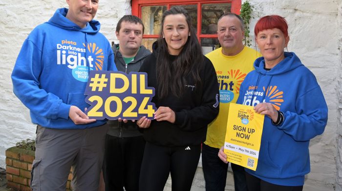 Athlete Phil Healy (centre), an ambassador for Darkness into Light this Saturday, with Clonakilty event organisers (from left): Paul Hayes, Donal O’Driscoll, Willie Griffin and Sinead Crowley. The walk starts at 4.15am and finishes at the Model Railway Village. Water and toilet facilities are available at O’Donovan’s Hotel. Right: Caoimhe Kelly was enjoying her day at the Warren Strand during the recent long weekend. Right:  (Photos: Andy Gibson & Martin Walsh)