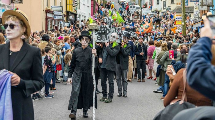 Crowds gathered to watch the annual Ballydehob Jazz Festival New Orleans-style 'funeral' last Sunday. (Photo: Andy Gibson)