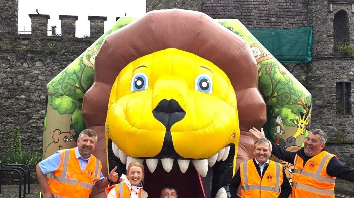 Local Lions Tony Kelleher, Jo-Anne Cotter, Declan Sheehan, Martin Lucey and James O'Sullivan at the launch of the Family Fun Day at Macroom's iconic castle gates.