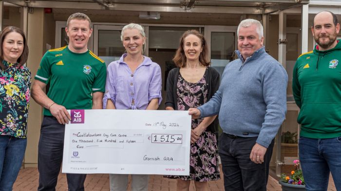 Garnish GAA presented a cheque for €1,515 to Castletownbere Day Care Centre which was part of the proceeds from Garnish GAA's fundraiser, the Longest Road, a 24 hour walk held annually at their pitch. From left: Sandra O’Shea, Daniel O’Sullivan, Susan Power, Breda O’Sullivan, Finbarr Harrington and Ross Murphy.  (Photo: Anne Marie Cronin)