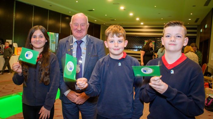 Deputy county mayor Cllr John Healy with Emily O’Donovan, Jack Levis and Aidan O’Mahony from Carrigboy National School at the Green Flag award ceremony which was held at the Radisson Blu Hotel in Little Island last week. The Green Schools programme is delivered by An Taisce and supported by Cork County Council.     (Photo: John Allen)