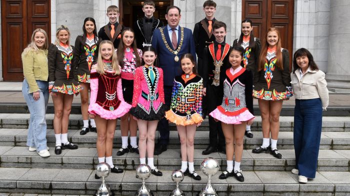 Irish dancers from the Belgooly based Kiely Walsh Dance Academy brought their world championship trophies, that they recently won in Glasgow, to Cork City Hall when they visited the Lord Mayor of Cork Cllr Kieran McCarthy.   (Photo: Adrian O'Herlihy)