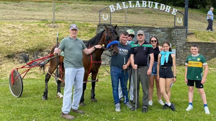 Christy Brown, winner of the G-G2 handicap race at Dunmanway Harness Race meeting last weekend, revelling in his victory alongside Mike Healy, Conor Hurley (trainer), Michael O’Mahony from Schull (driver), Liam O’Brien from Ballydehob (owner),  Kayleigh Evans, Chloe Anne O’Callaghan and Rian Hayes.