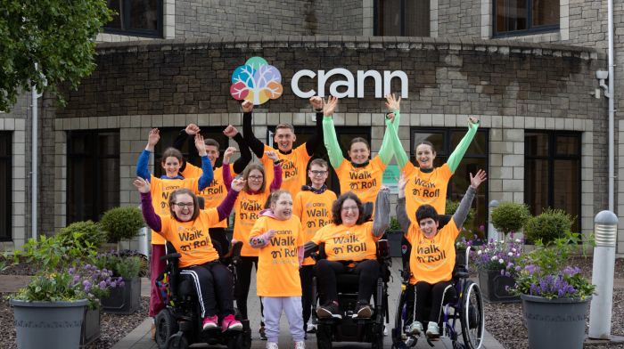 Cork City FC players Nathan Wood, Evan McLaughlin, Clodagh Fitzgerald and Laura Shine joined members of the Crann Centre’s Breaking Barriers Theatre Group Nell Marshall, Alex Foley, Molly Marshall, Scarlett Beecher, Ruth Cotter, Siobhán Guerin and Sarah Dorney to help launch Crann's Walk n' Roll 2024. (Photo: Darragh Kane)