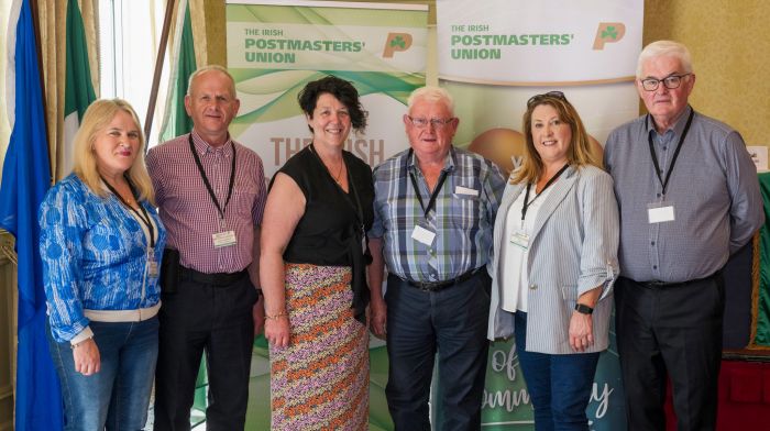 Deirdre Fitton (Crookstown Post Office), Denis O’Flynn (Ladysbridge Post Office), Liz Thompson (Coachford Post Office), Gerard Harrington (Bantry Post Office), Colette Collins (Ballintemple Post Office) and Pat O’Shea (Glengarriff Post Office) at the Irish Postmasters Union Conference which was recently held in Galway. (Photo: Andrew Downes)