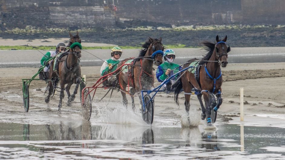 At the Irish Harness Racing Association’s first race meeting of their season which was held at Harbour View Beach, Kilbrittain, ‘Benny the Legend’ driven by Jamie Hurley led onto the final straight to take the win at the first race of the afternoon.   (Photo: Gearoid Holland)